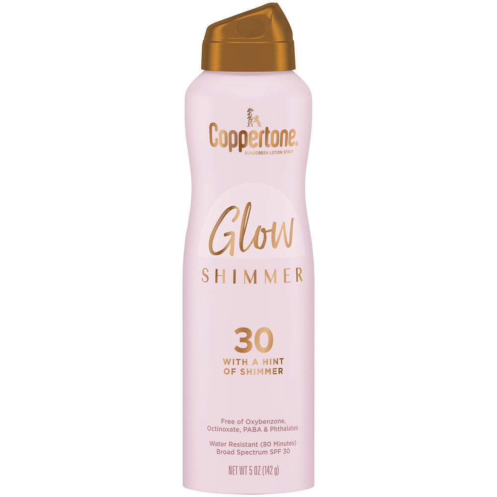 Coppertone Glow con pulverizador ofrece brillo ligero para un look radiante.