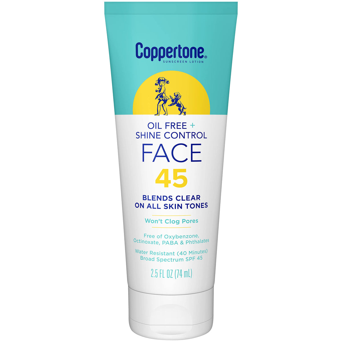 Coppertone protector solar facial sin aceite SPF45, acabado claro.