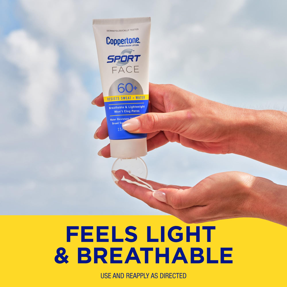 Coppertone Sport Face Protector Solar Locion, ideal para rostro durante entrenamientos o playa.