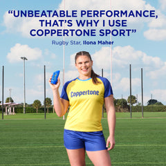 Coppertone Sport sunscreen texture spread demonstrates smooth coverage on skin.