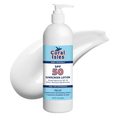 Coral Isles protector solar SPF 50 en bote para uso diario al aire libre.