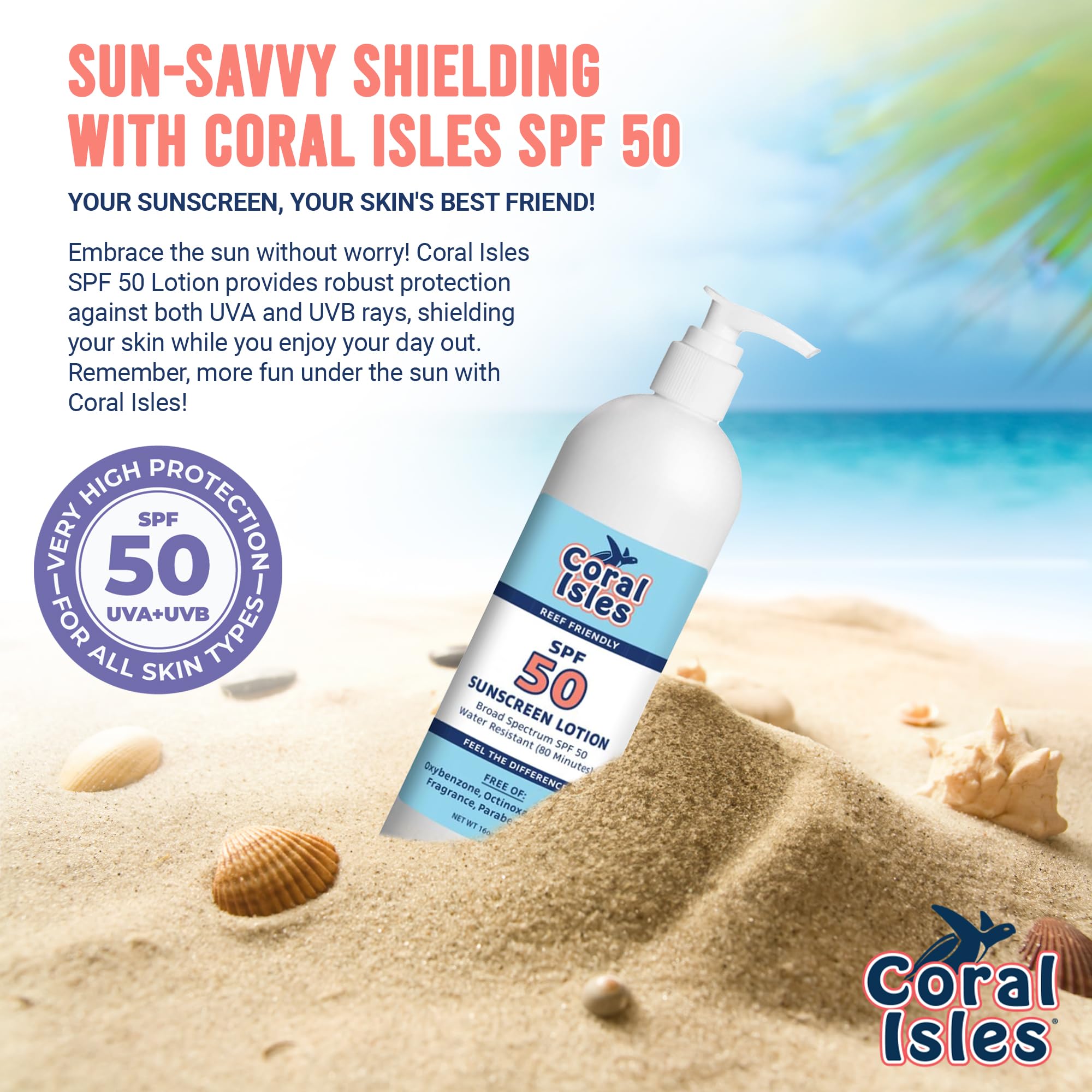 Protector solar Coral Isles para niños en la playa y actividades al aire libre.