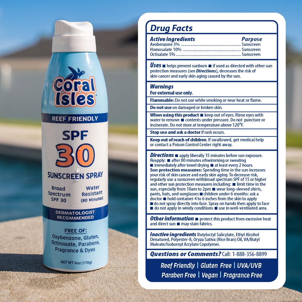 Protección UV de Coral Isles con SPF 30, ideal para pieles expuestas al sol.