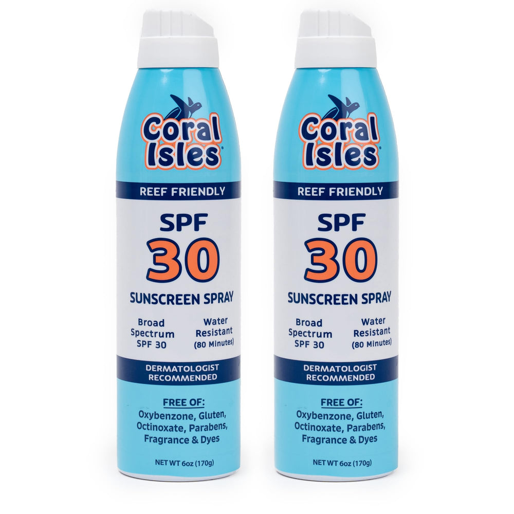 Coral Isles protector solar aerosol SPF 30 de 6 oz en formato práctico para uso diario.