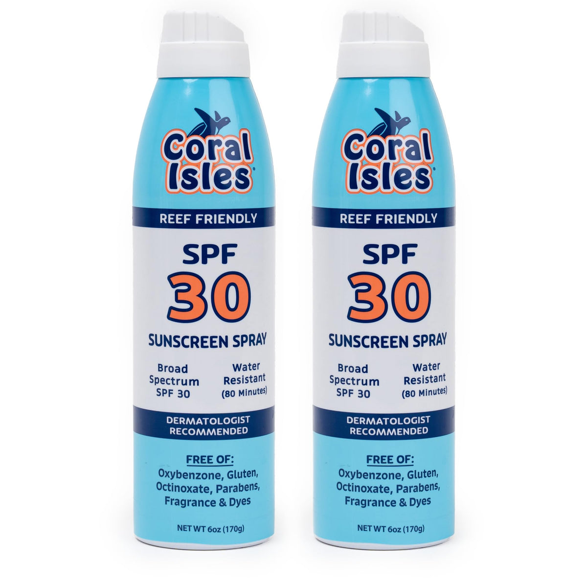 Coral Isles protector solar aerosol SPF 30 de 6 oz en formato práctico para uso diario.