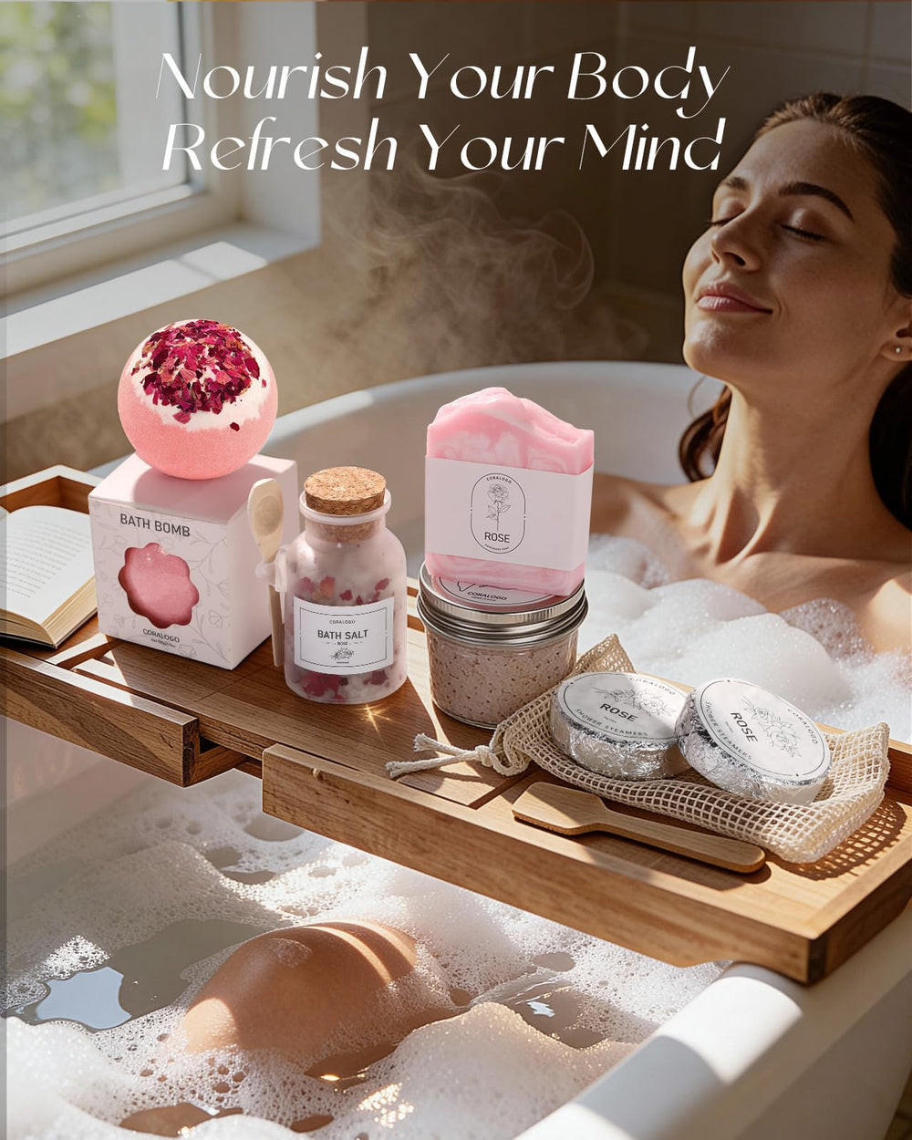 Bomba de baño rosa de Coralogo Rose Spa para un baño aromático.
