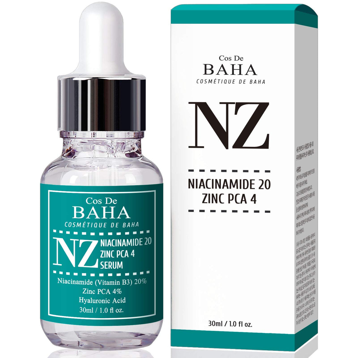 Cos De BAHA Niacinamida 20% en botella de vidrio, ayuda a reducir poros.