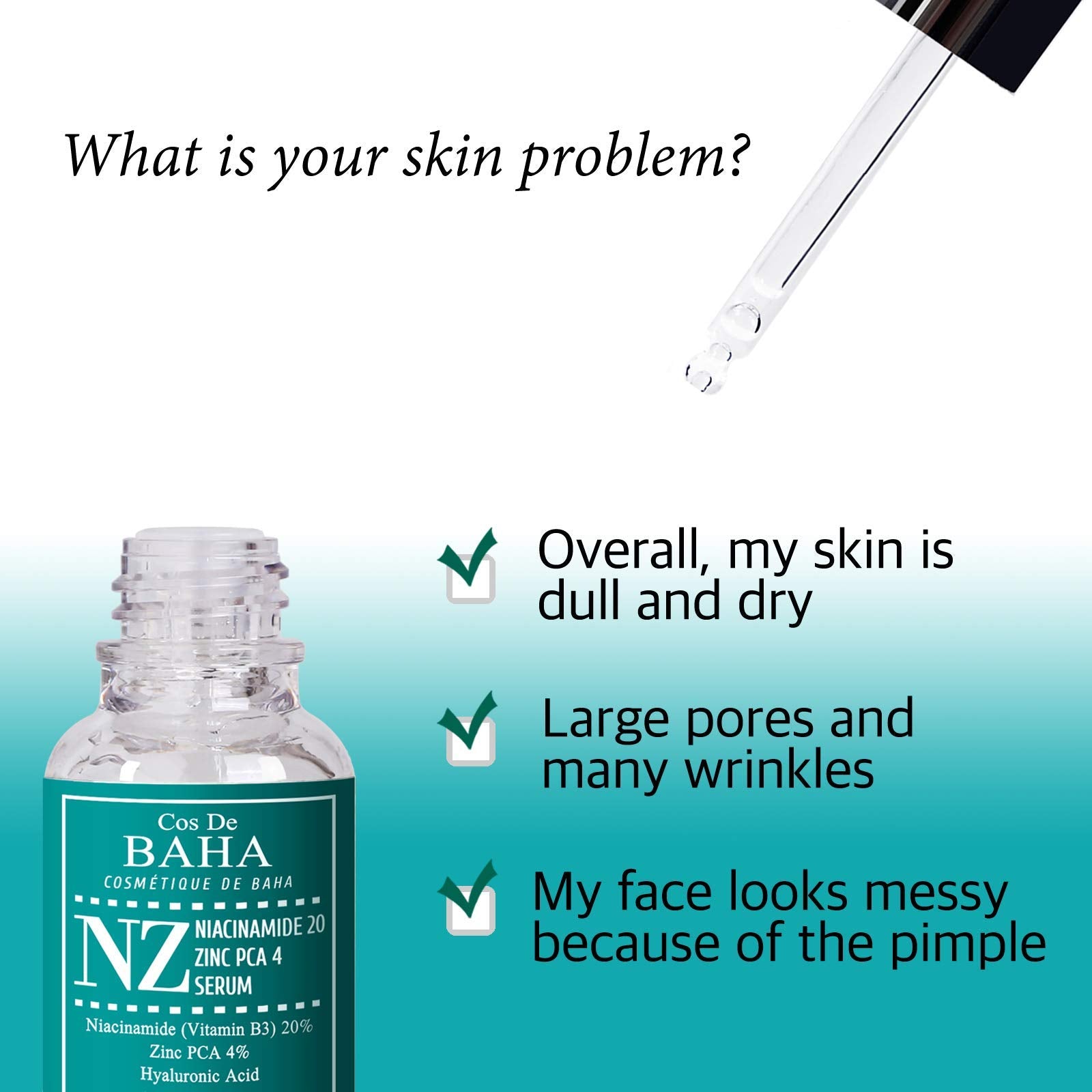 Cos De BAHA Niacinamida 20% + Zinc PCA 4%, mejora tono desigual.