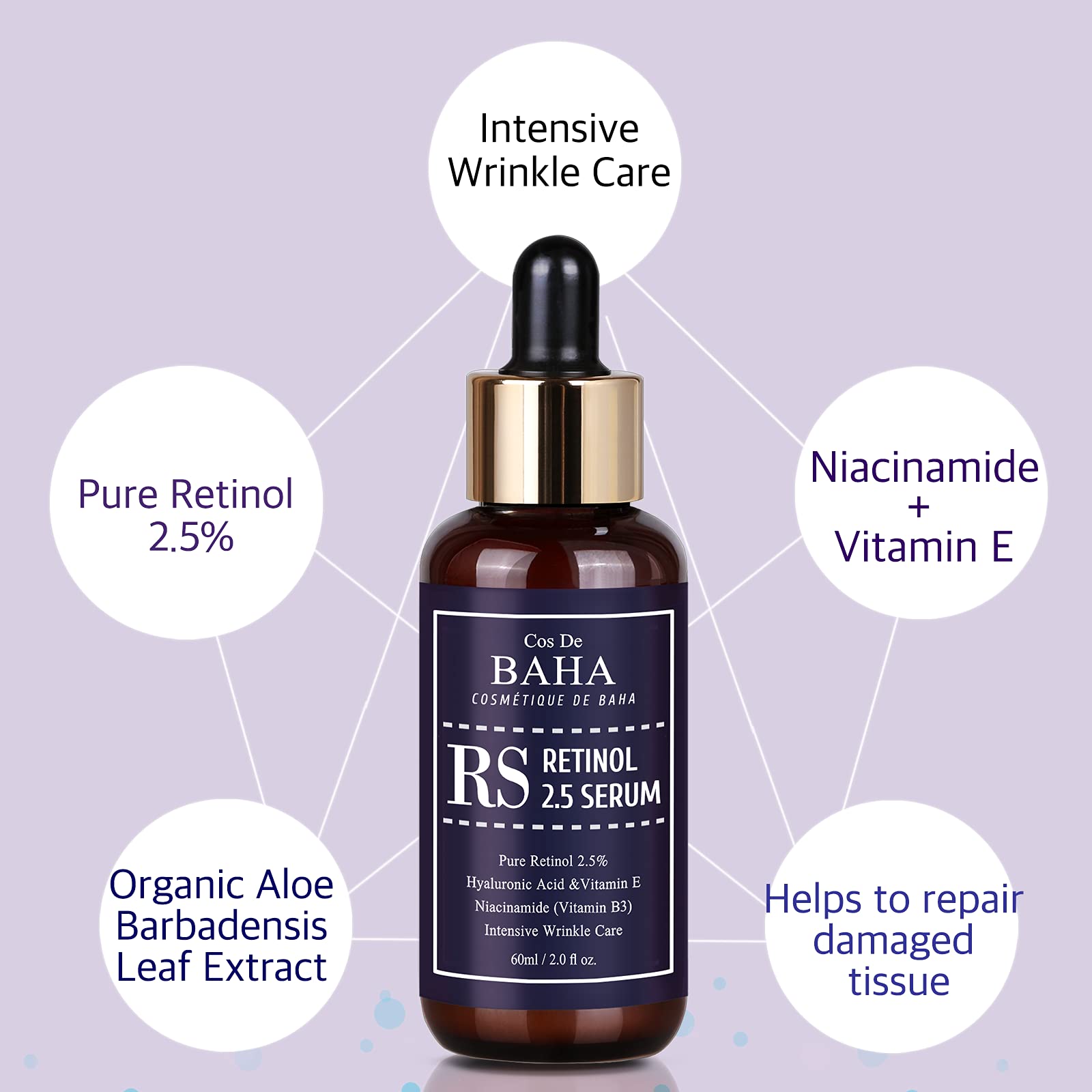 Cos De BAHA Retinol 2.5% sérum, aplicación nocturna en 1-2 gotas.
