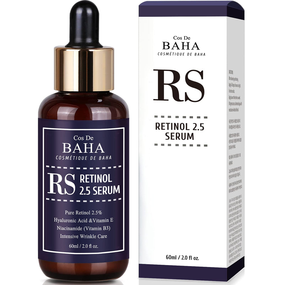 Cos De BAHA Retinol 2.5% sérum facial botella, promueve piel suave y renovada.