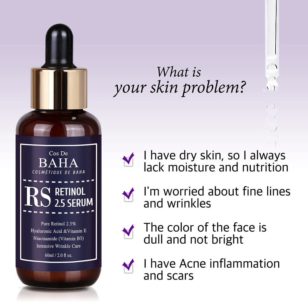 Cos De BAHA Retinol 2.5% sérum, textura ligera para uso diario.