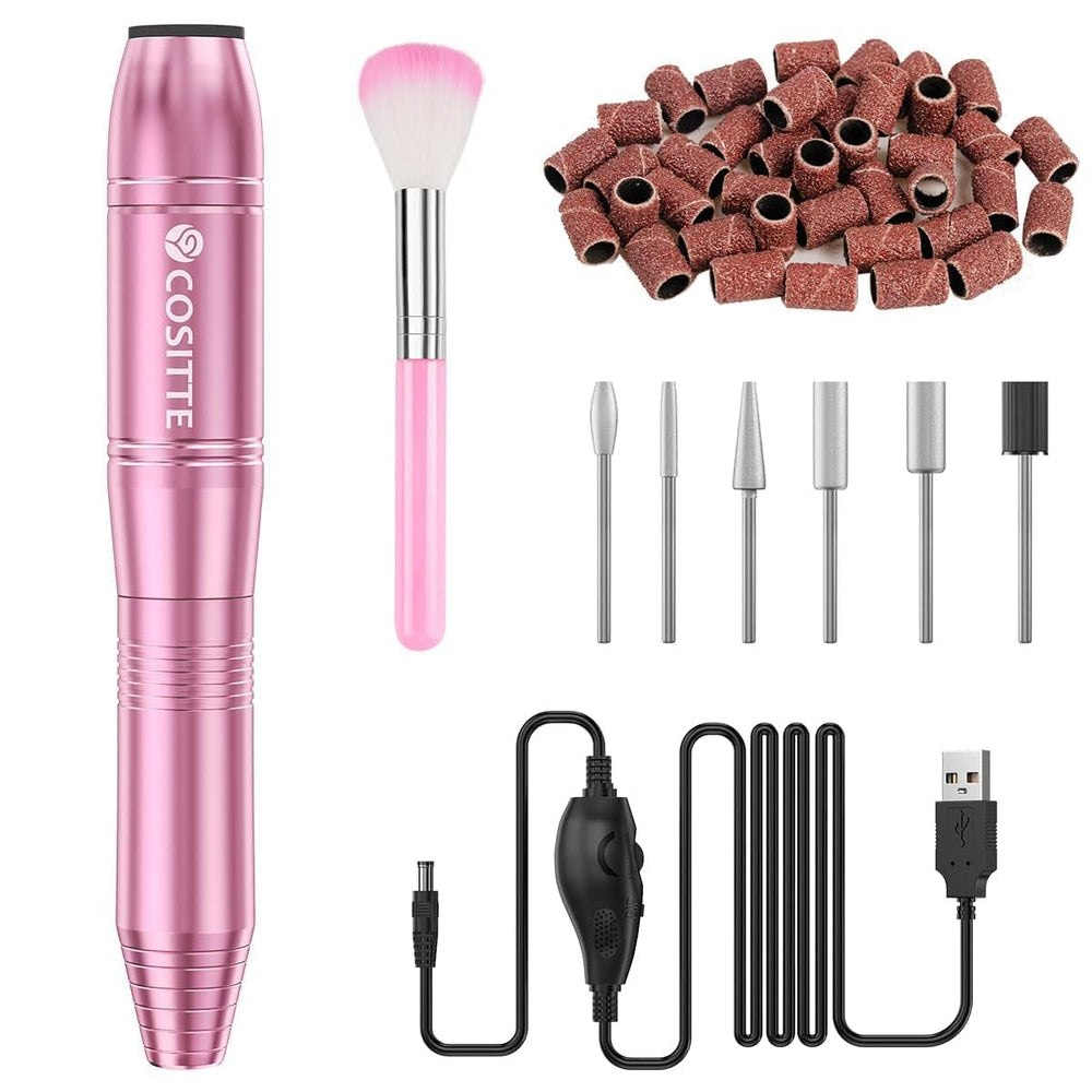 Lima eléctrica COSITTE rosa con USB para uñas, ideal para retoques fuera de casa.