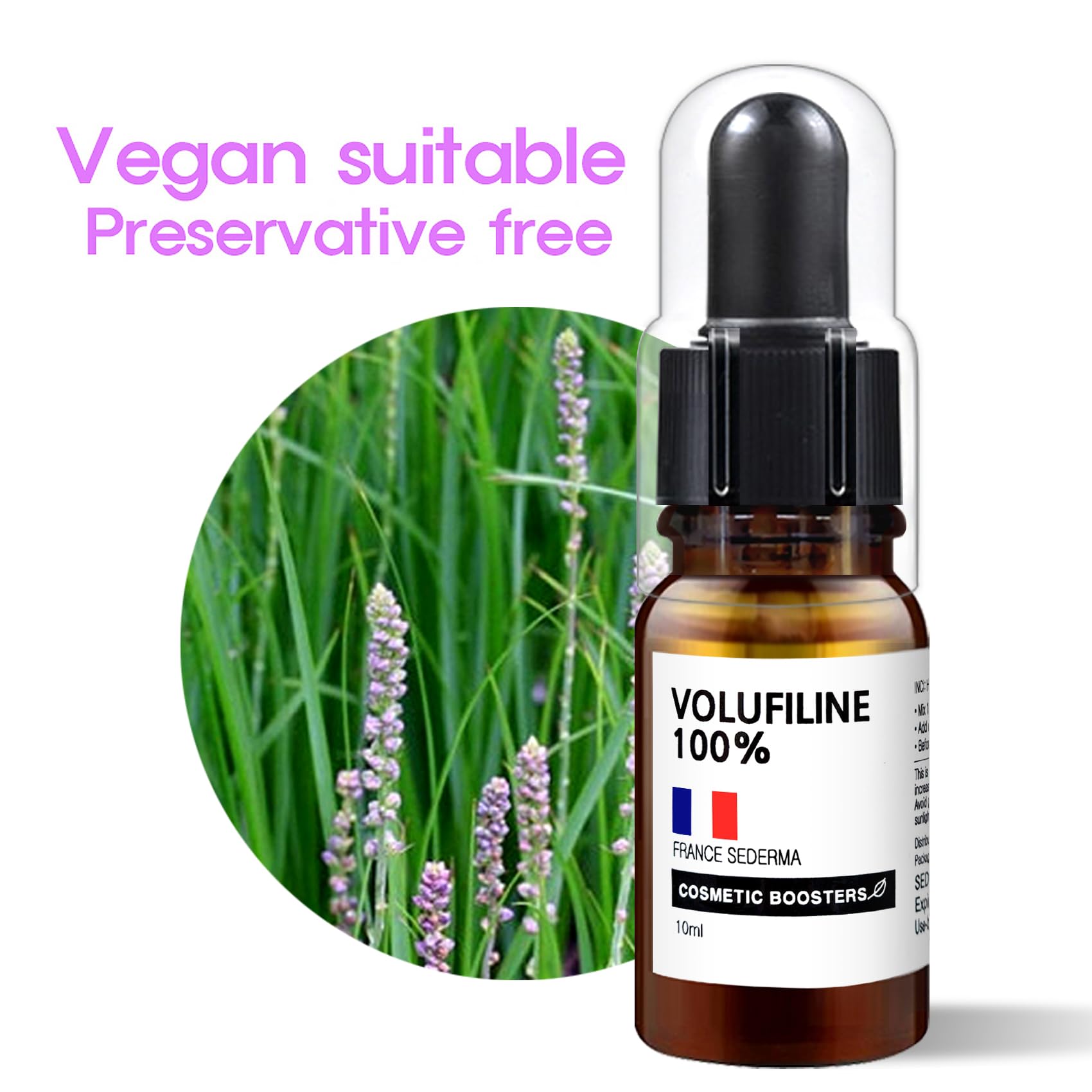 Etiqueta de Volufiline con los ingredientes clave para formulaciones cosméticas.