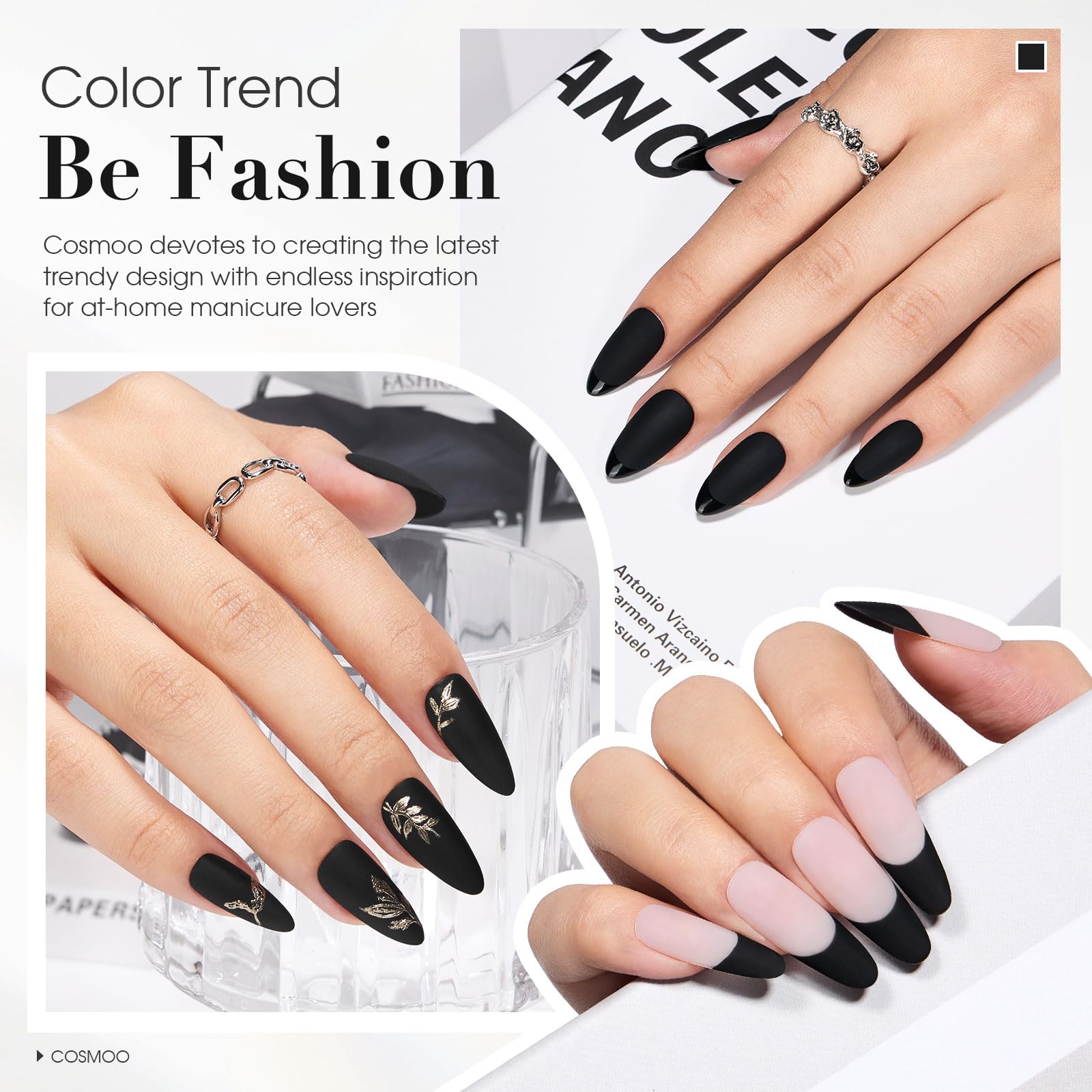 COSMOO esmalte mate negro, acabado terciopelo para aspecto suave.
