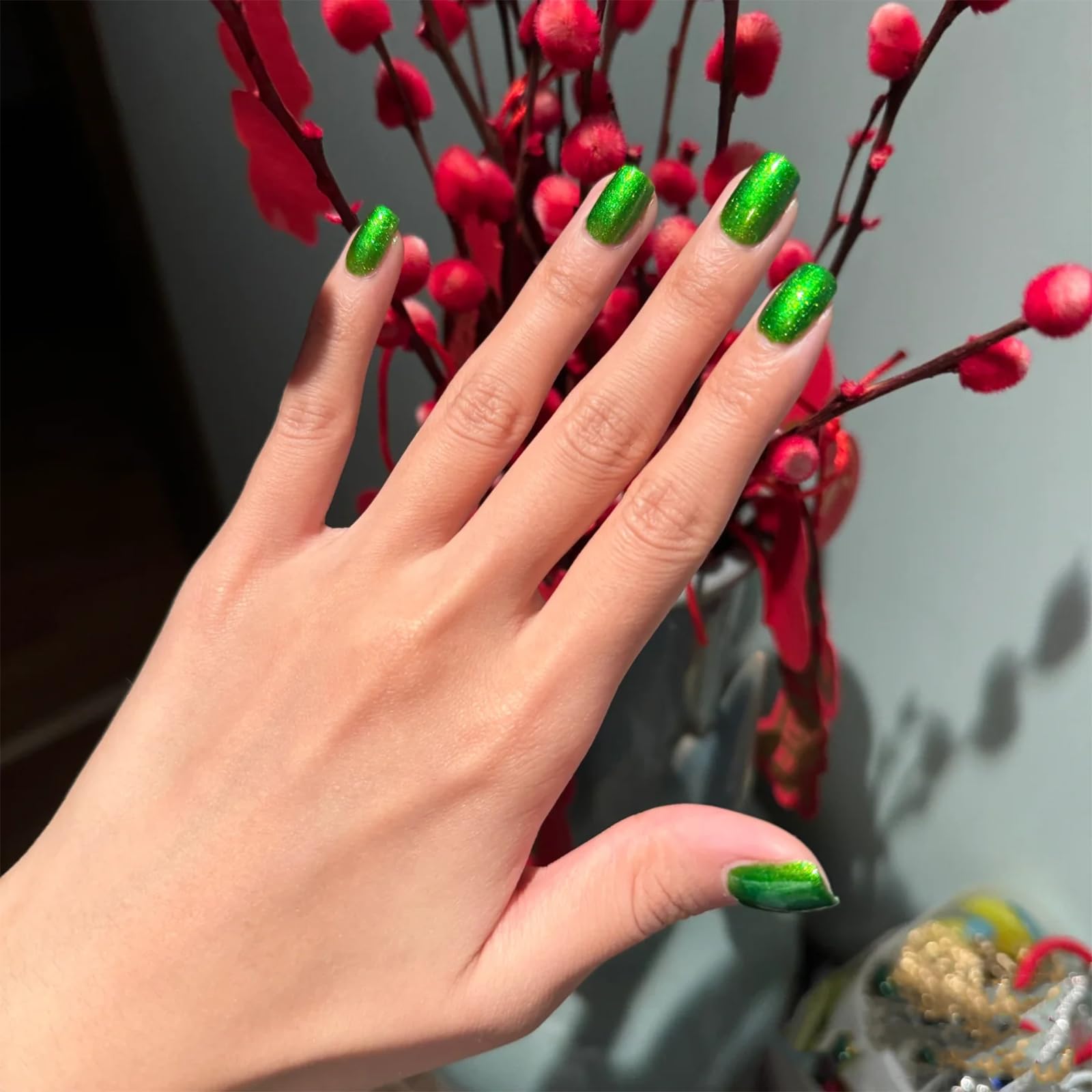 COSMOO Esmalte Uñas Brillo Escarchado Verde, look festivo.