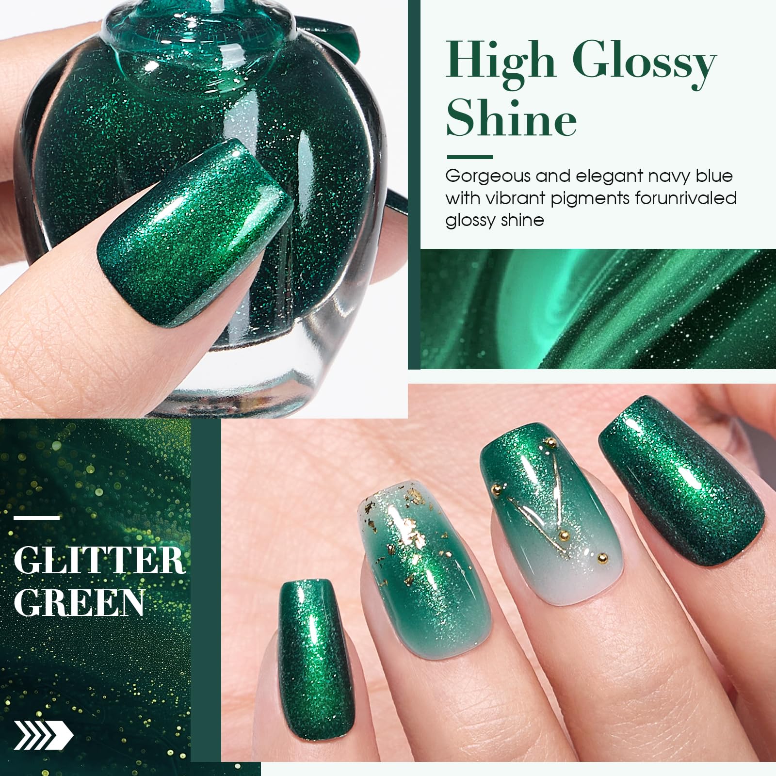 COSMOO laca con destellos verdes para uñas con efecto de luz.