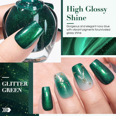 COSMOO laca con destellos verdes para uñas con efecto de luz.