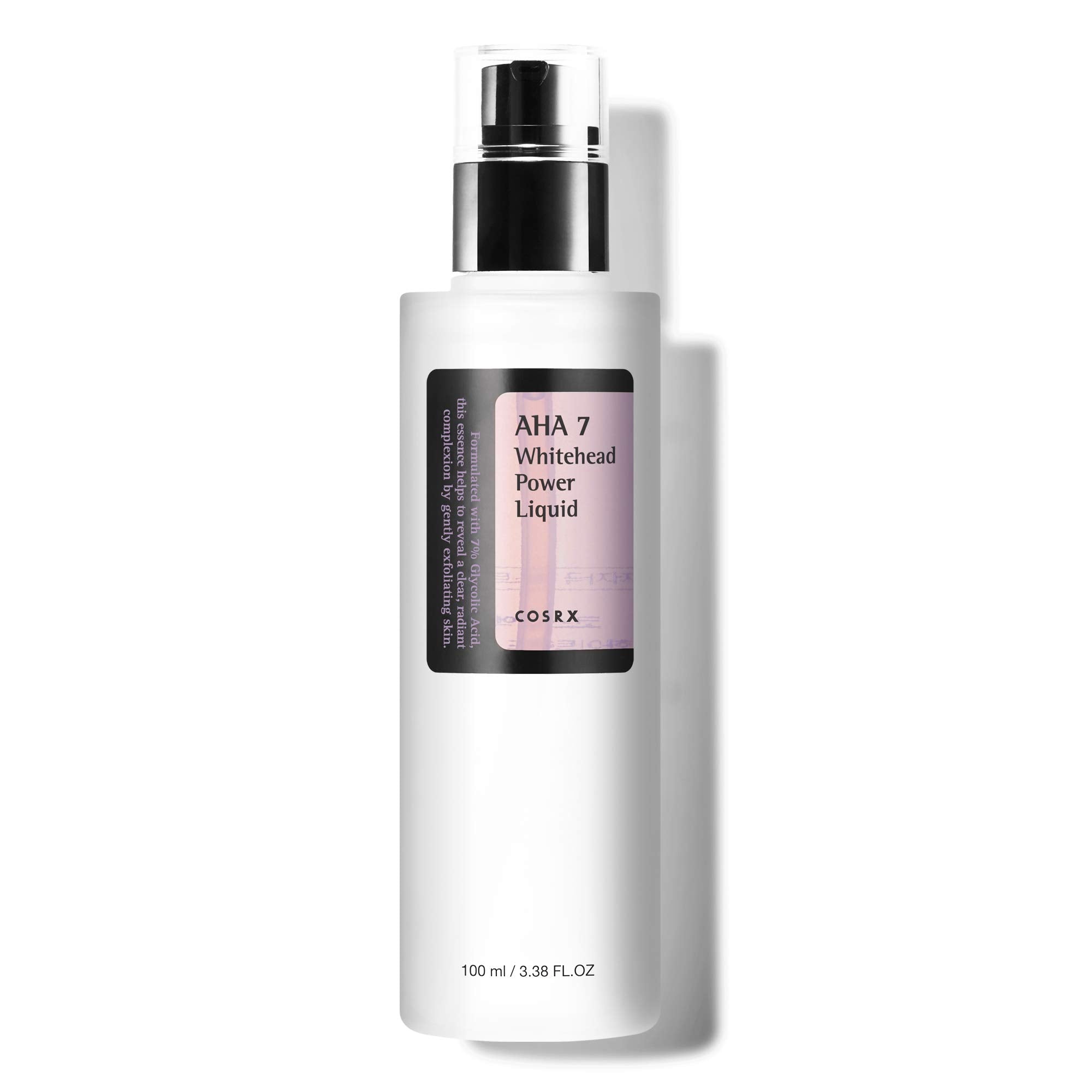 COSRX líquido exfoliante 7% glicólico, botella visible para ayudar a suavizar puntos blancos.