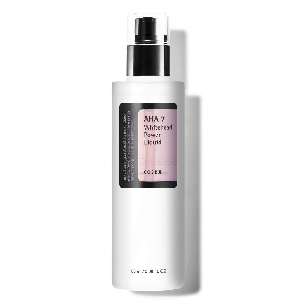 COSRX líquido exfoliante 7% glicólico, botella visible para ayudar a suavizar puntos blancos.