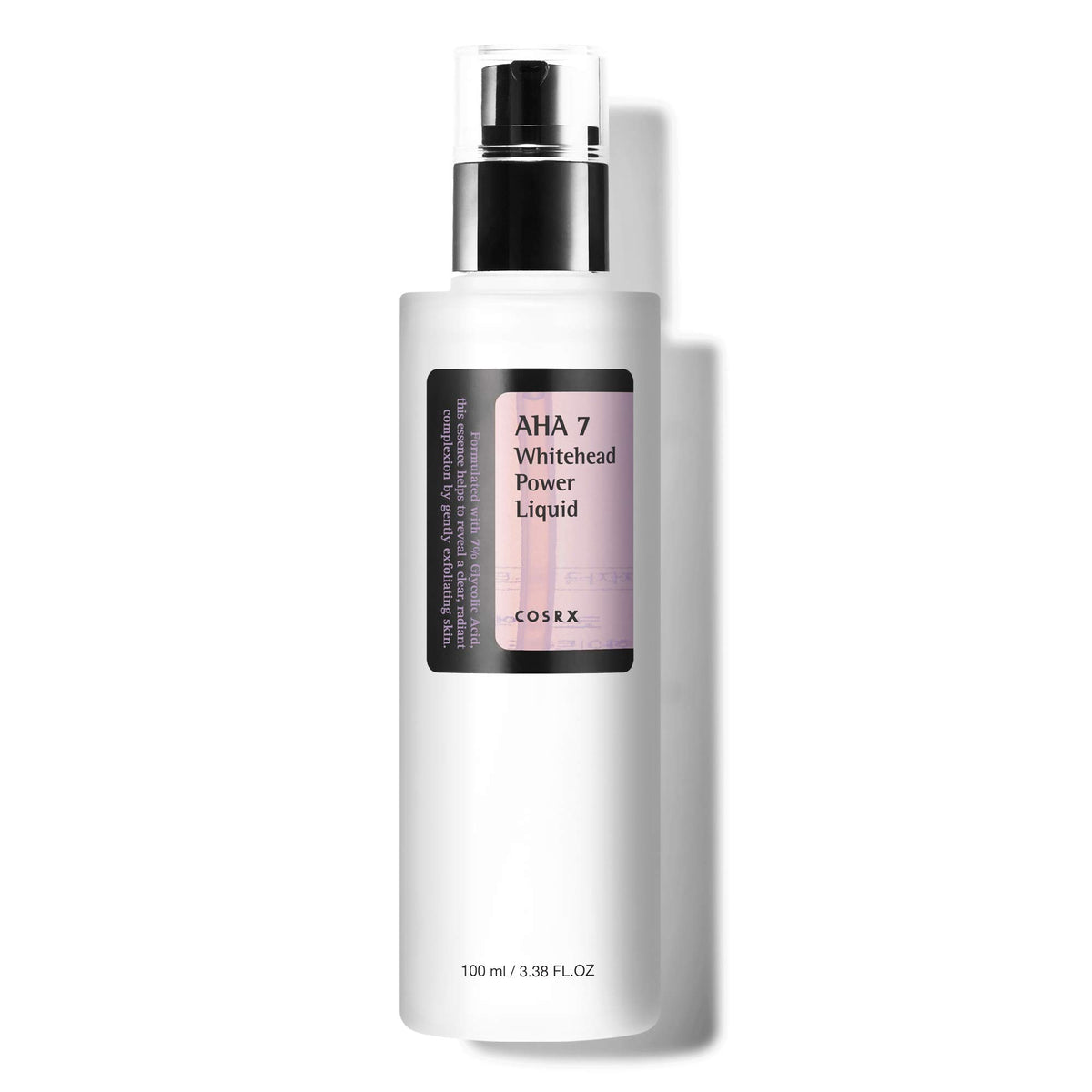 COSRX líquido exfoliante 7% glicólico, botella visible para ayudar a suavizar puntos blancos.