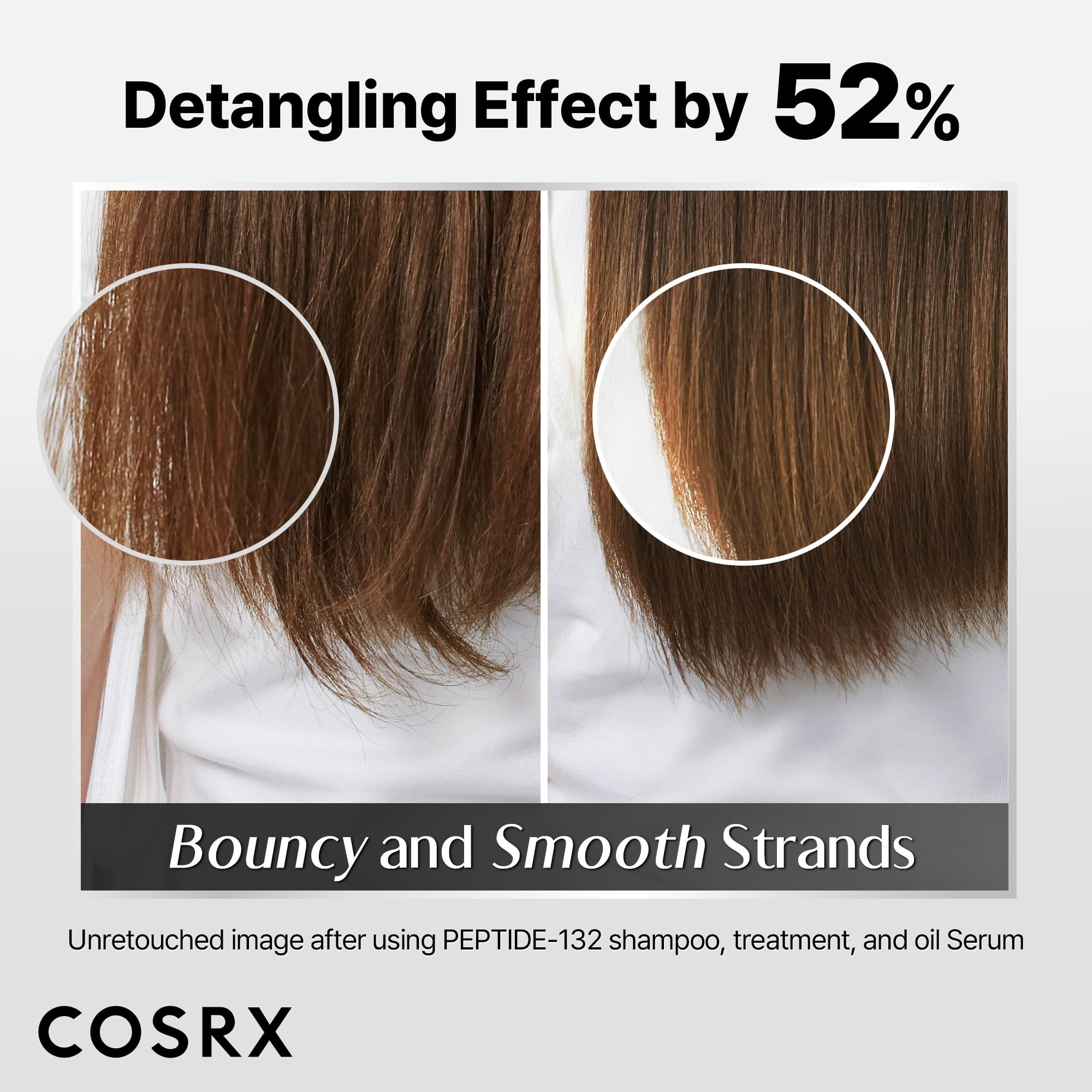COSRX Peptide-132 Resultados en casa, aspecto de salón, cabello más suave y brillante.