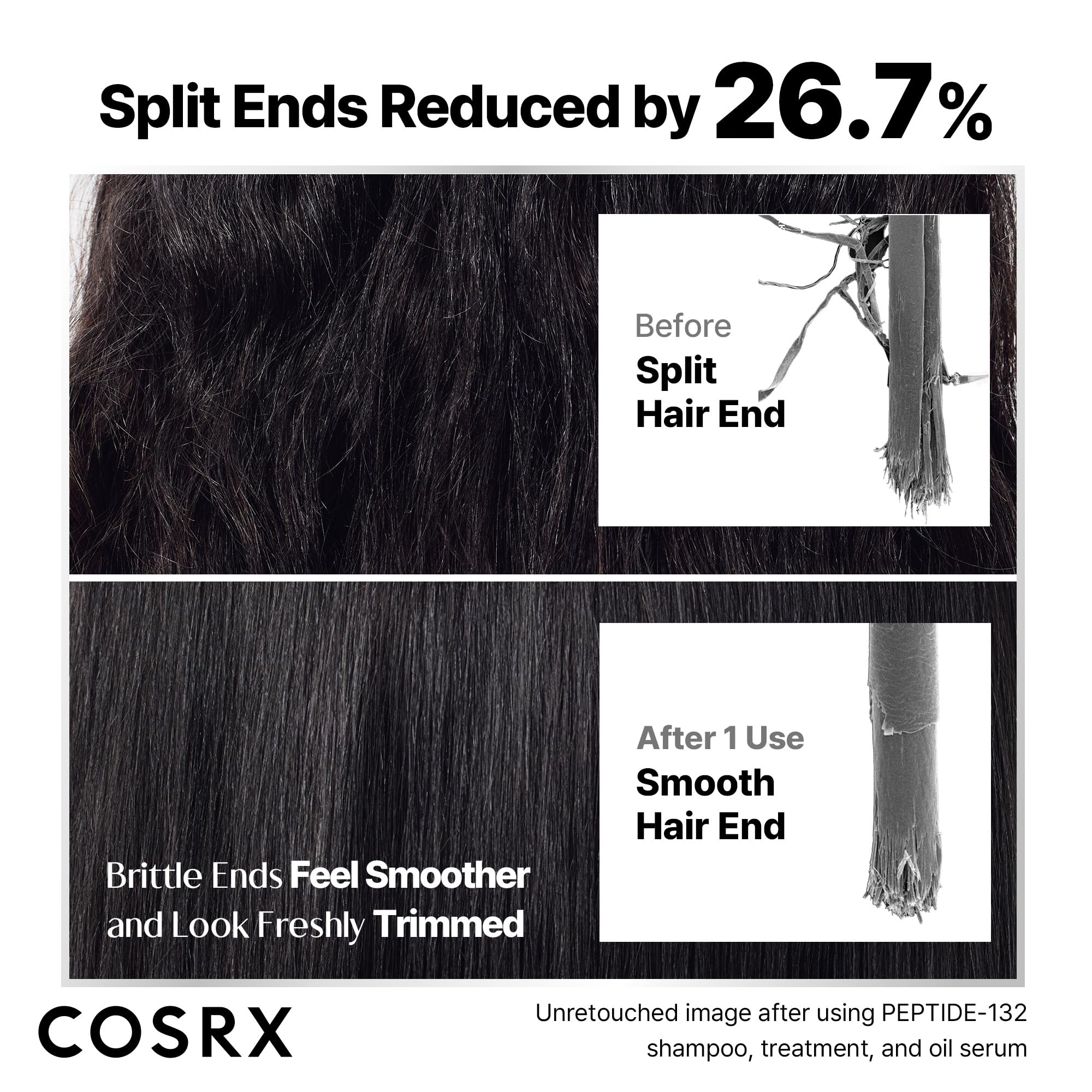 COSRX Peptide-132 Textura cabello, primer plano, muestra brillo saludable y sedosidad.