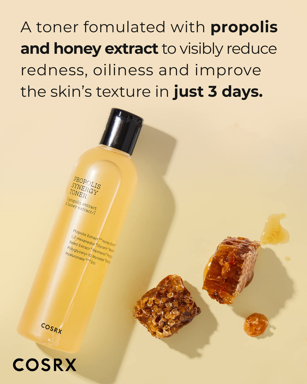 CosRX Full Fit Propolis Synergy Toner, textura líquida con miel, nutre suavemente.