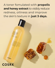CosRX Full Fit Propolis Synergy Toner, textura líquida con miel, nutre suavemente.