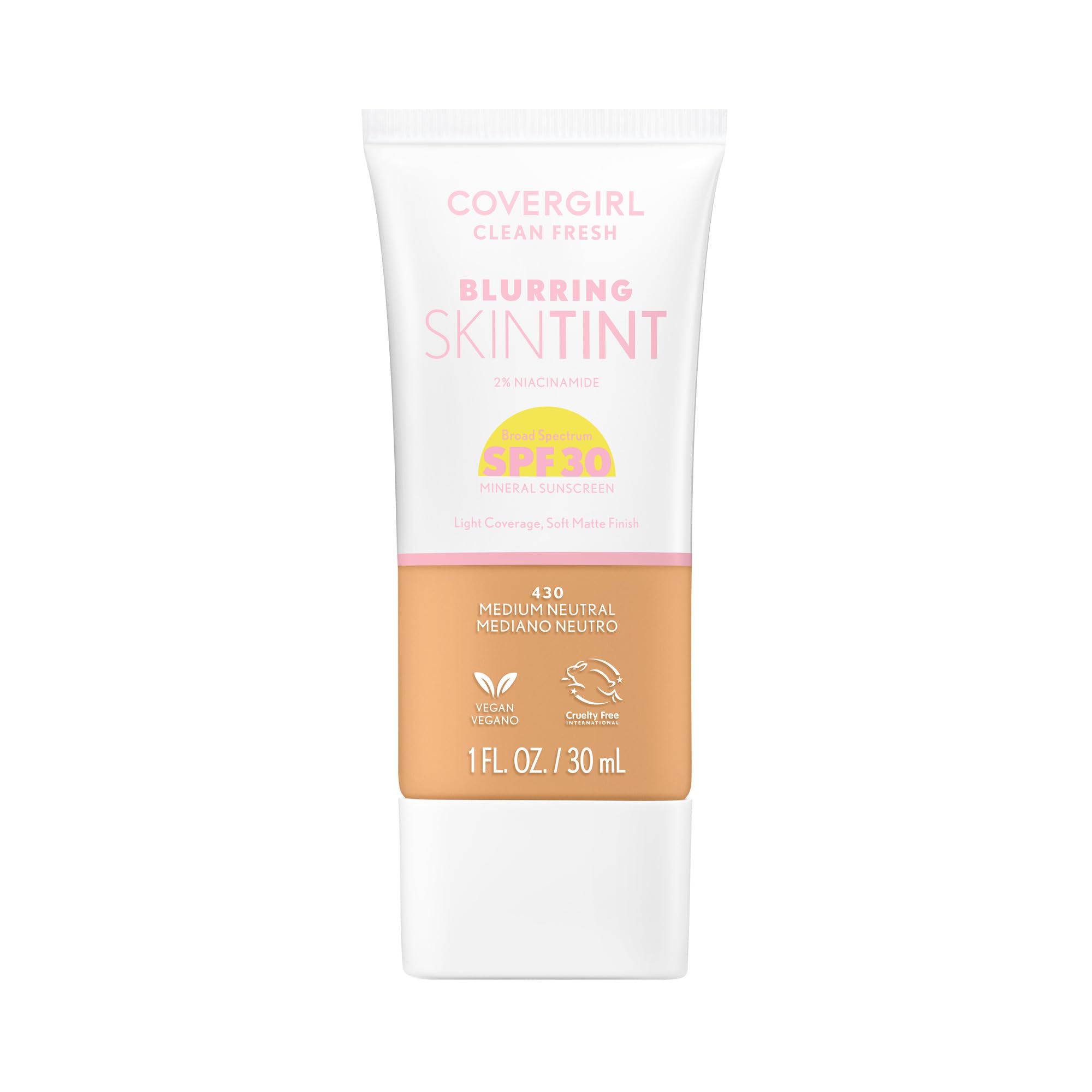 CoverGirl Clean Fresh Blurring Skin Tint, botella con bomba, difumina poros para un acabado suave.