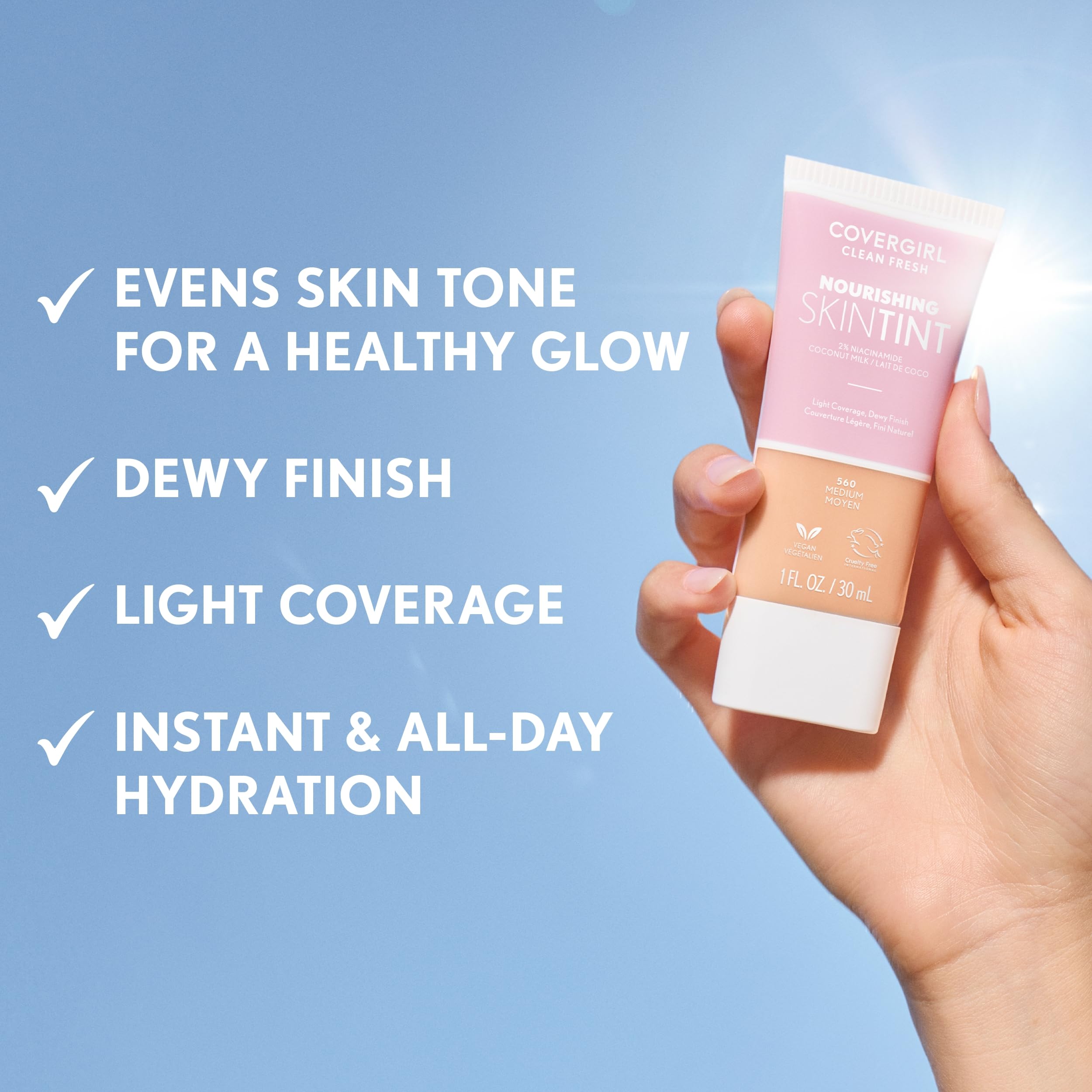 COVERGIRL Clean Fresh Skin Tint acabado brillos suave para piel luminosa.