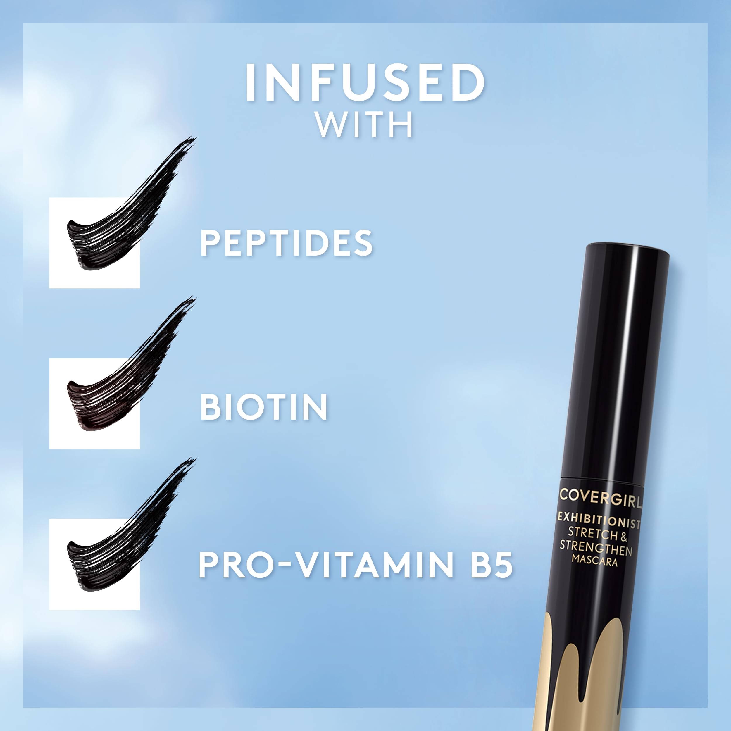 Fórmula de COVERGIRL con péptidos, biotina y Pro-Vitamina B5 cuida pestañas.