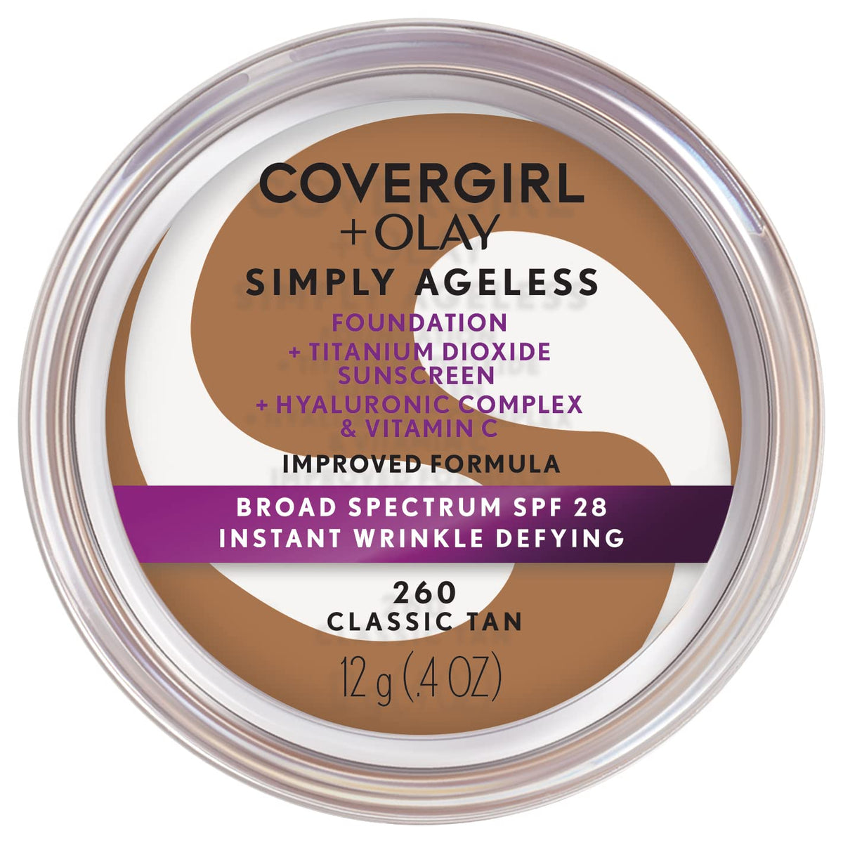 COVERGIRL Simply Ageless tono 260 Classic Tan para un acabado natural y uniforme.