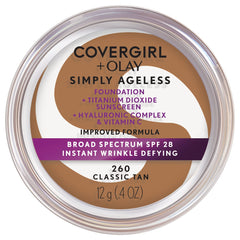 COVERGIRL Simply Ageless tono 260 Classic Tan para un acabado natural y uniforme.