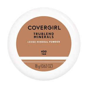 COVERGIRL TruBlend Polvo Mineral Suelto tono Tan, envase de primer plano, textura ultrafina para suavizar imperfecciones.