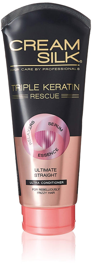 Cream Silk Triple Keratin Rescue, botella-340ml para cabello sedoso y reparado.