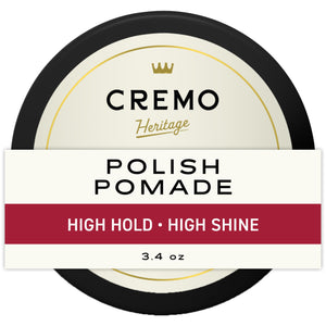 Pomada Cremo con brillo alto en envase compacto para peinados duraderos.