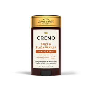 Cremo Spice & Black Vanilla desodorante para hombre, frasco elegante y protección duradera.