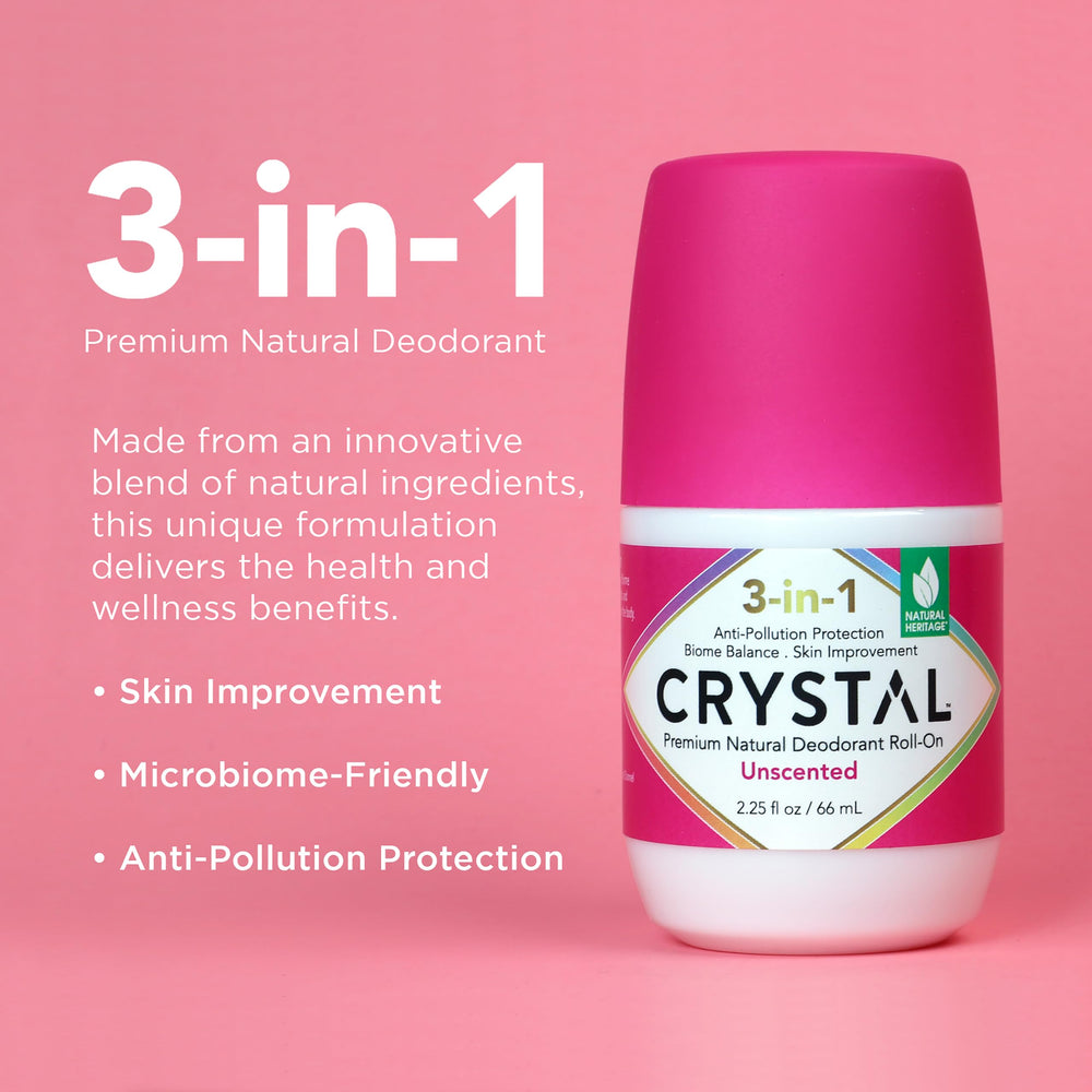 Crystal Essence desodorante BioHealth sin fragancia aplicado suave para piel hidratada.