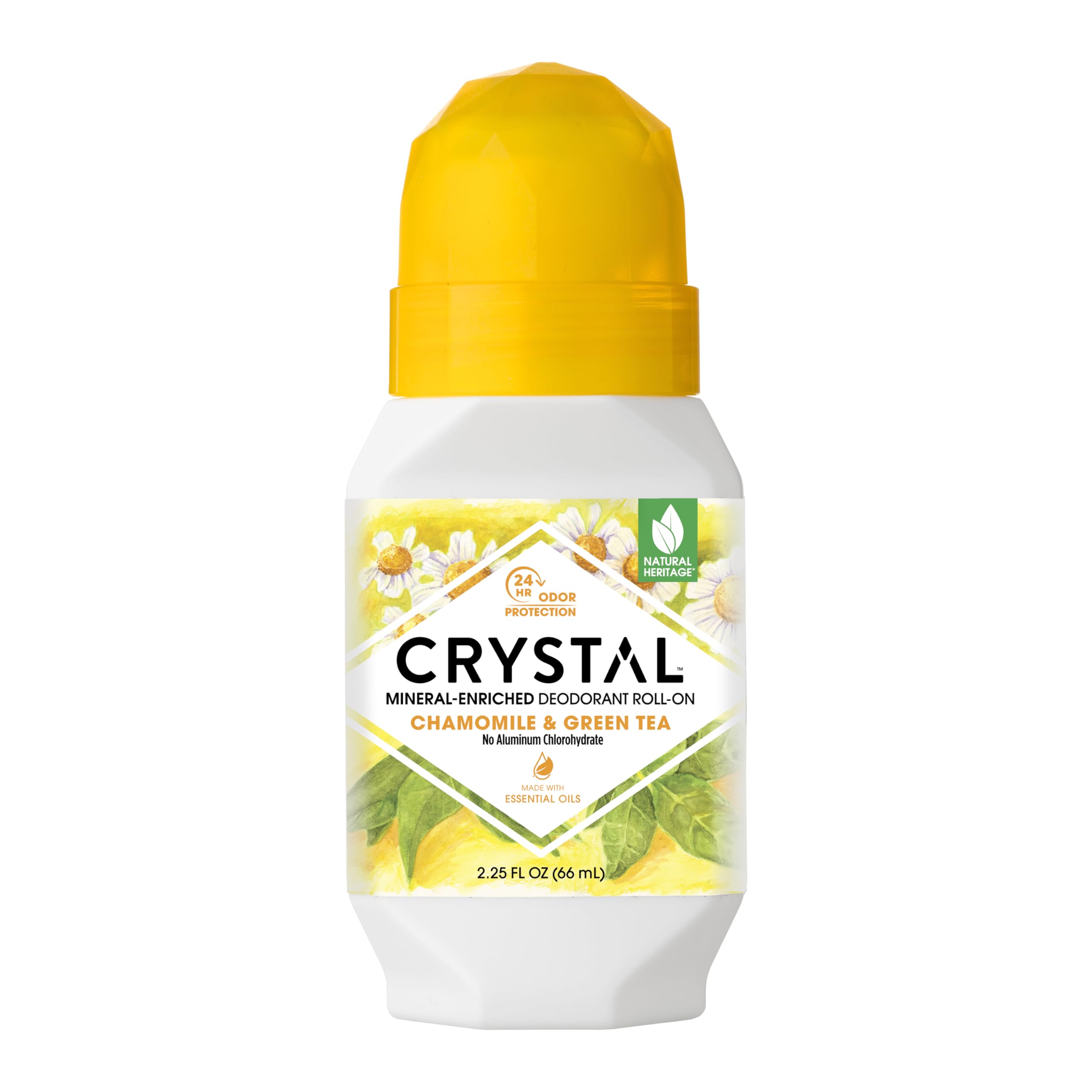 Crystal Essence Desodorante mineral con aplicador de rodillo manzanilla y té verde, uso diario suave.