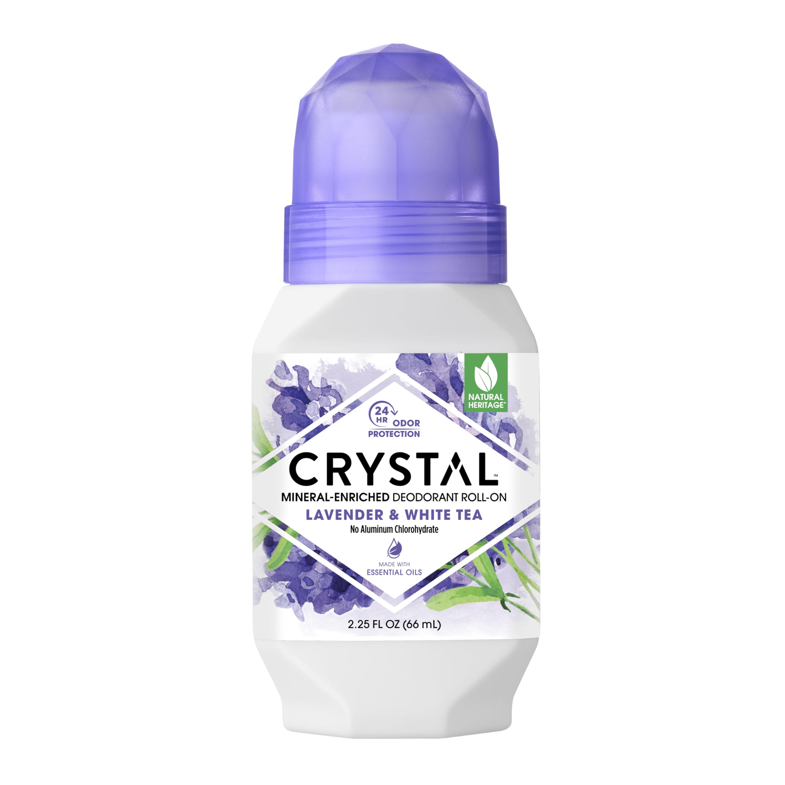 Crystal Essence desodorante mineral roll-on lavanda y té blanco en botella.