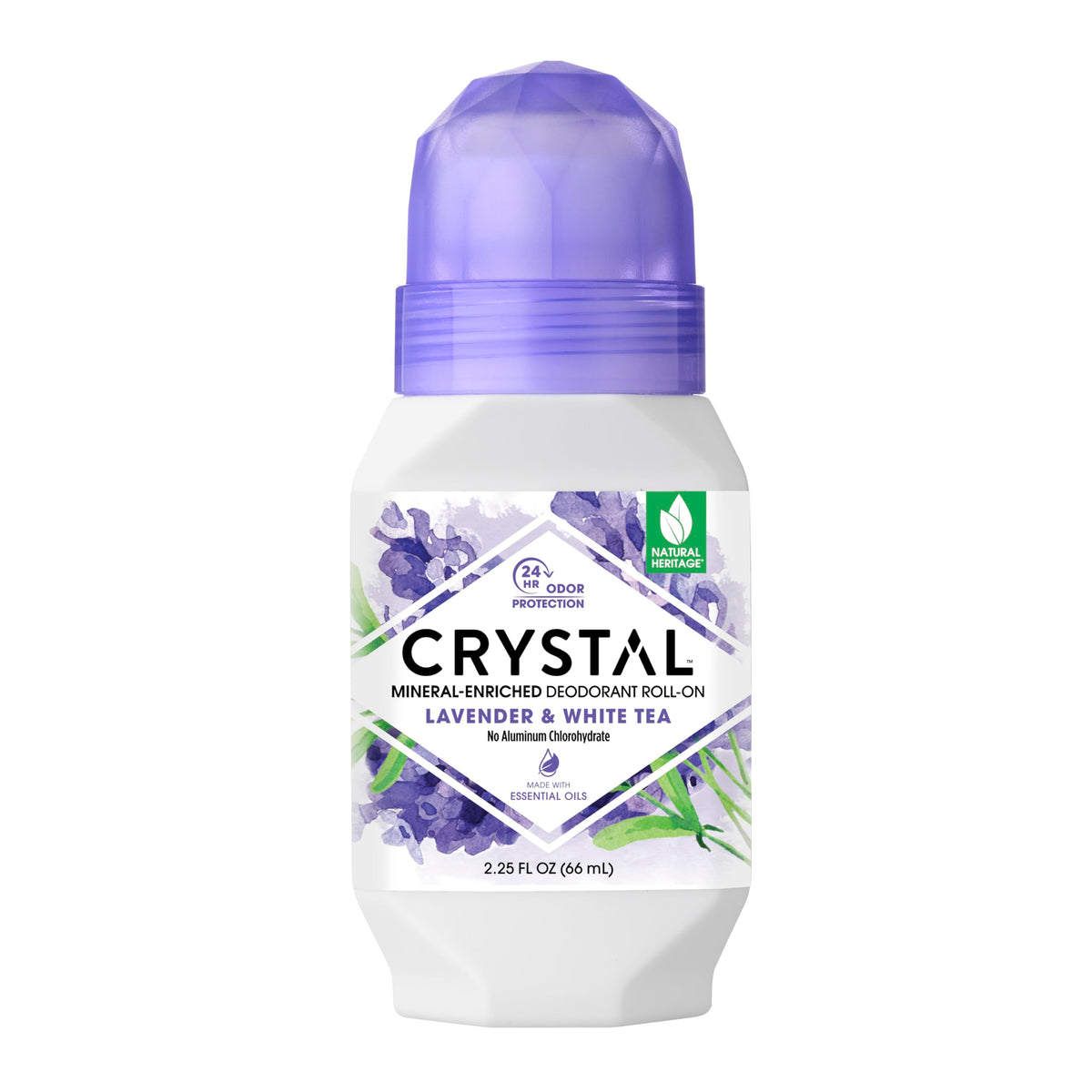 Crystal Essence desodorante mineral roll-on lavanda y té blanco en botella.
