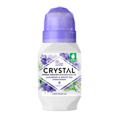 Crystal Essence desodorante mineral roll-on lavanda y té blanco en botella.
