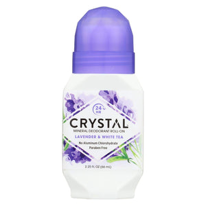 Crystal Essence desodorante mineral roll-on Lavanda y Té Blanco, protección duradera y aroma suave.