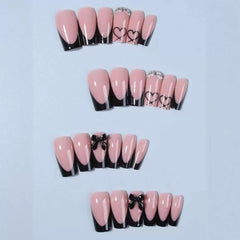 CTTHNBD Uñas adhesivas forma ataúd negro francesa con lazo para fiestas