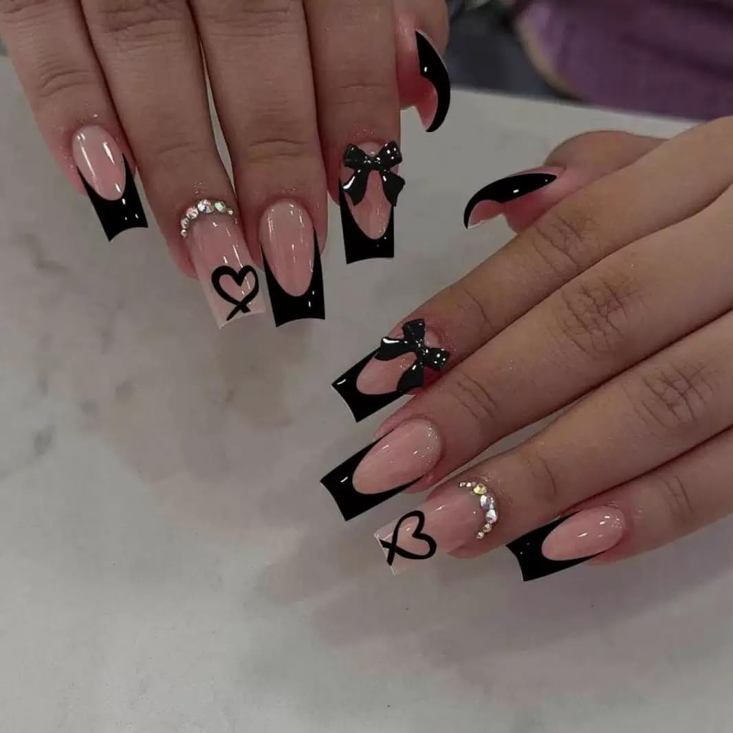CTTHNBD Uñas adhesivas forma ataúd francesa con lazo para un look elegante