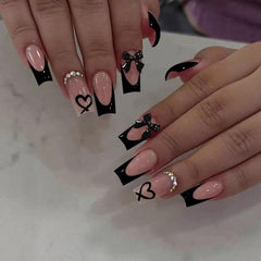 CTTHNBD Uñas adhesivas forma ataúd francesa con lazo para un look elegante