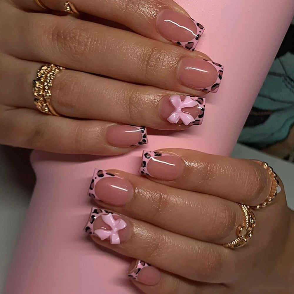 CTTHNBD uñas leopard frances con lazo rosa, ideal para fiestas
