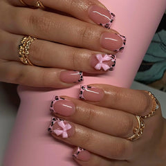 CTTHNBD uñas leopard frances con lazo rosa, ideal para fiestas