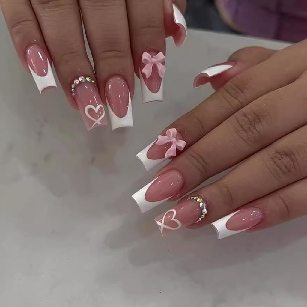 CTTHNBD Uñas postizas forma ataúd rosa con lazo corazón para evento elegante.