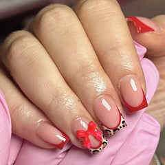 CTTHNBD uñas postizas rojas con punta francesa leopard, look festivo rápido.